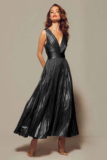 Pleated A-Line Gold Tea Length Formal Dress